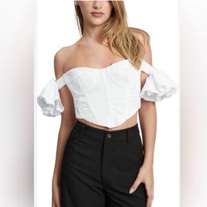 Bardot Off-Shoulder cream White Ruffle Sleeve Corset Top